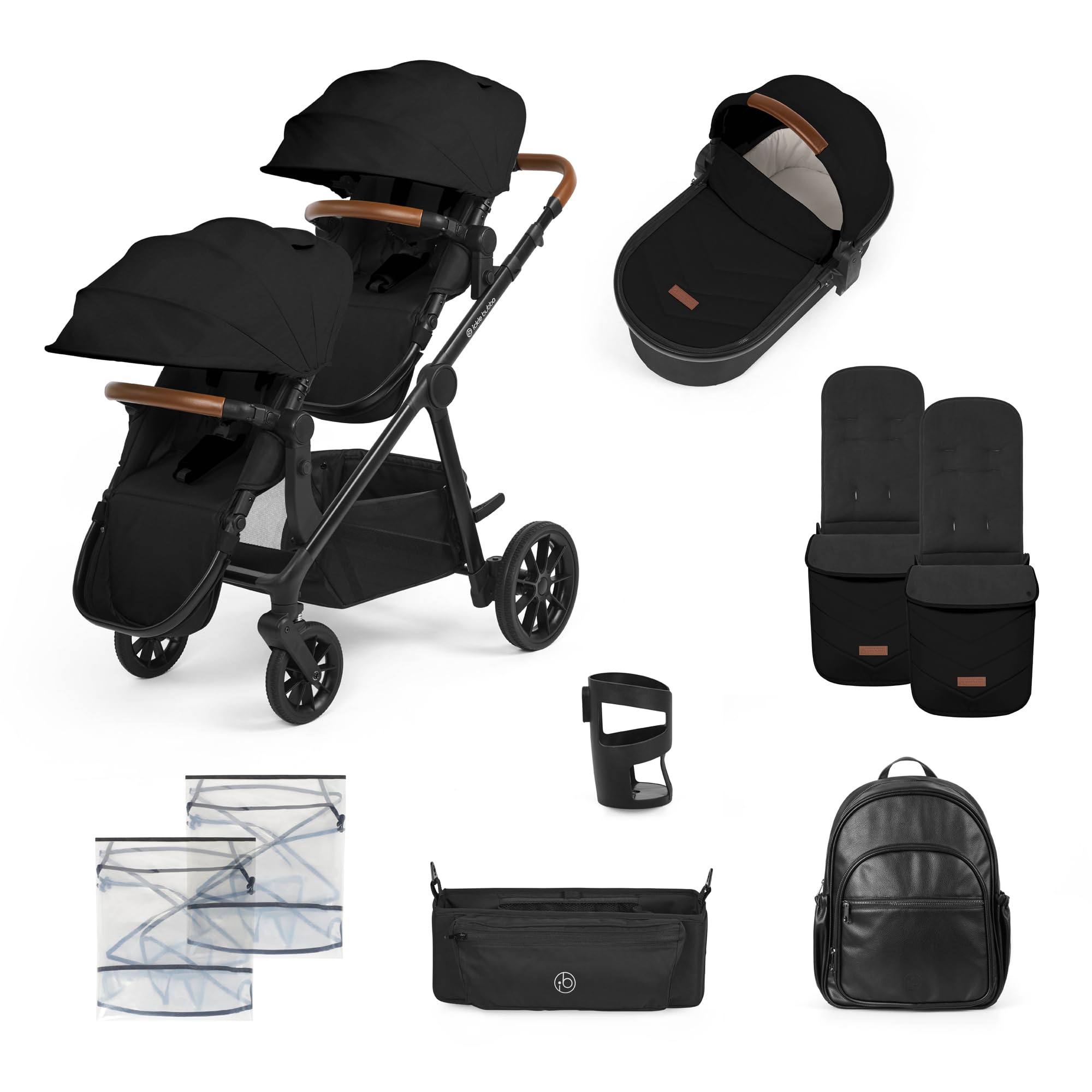 Ickle Bubba Virgo Growing Family 11-teiliger Kinderwagen Einzel- bis Doppel-Tandem mit Babywanne Fußsäcken Regenschutz Schwarz