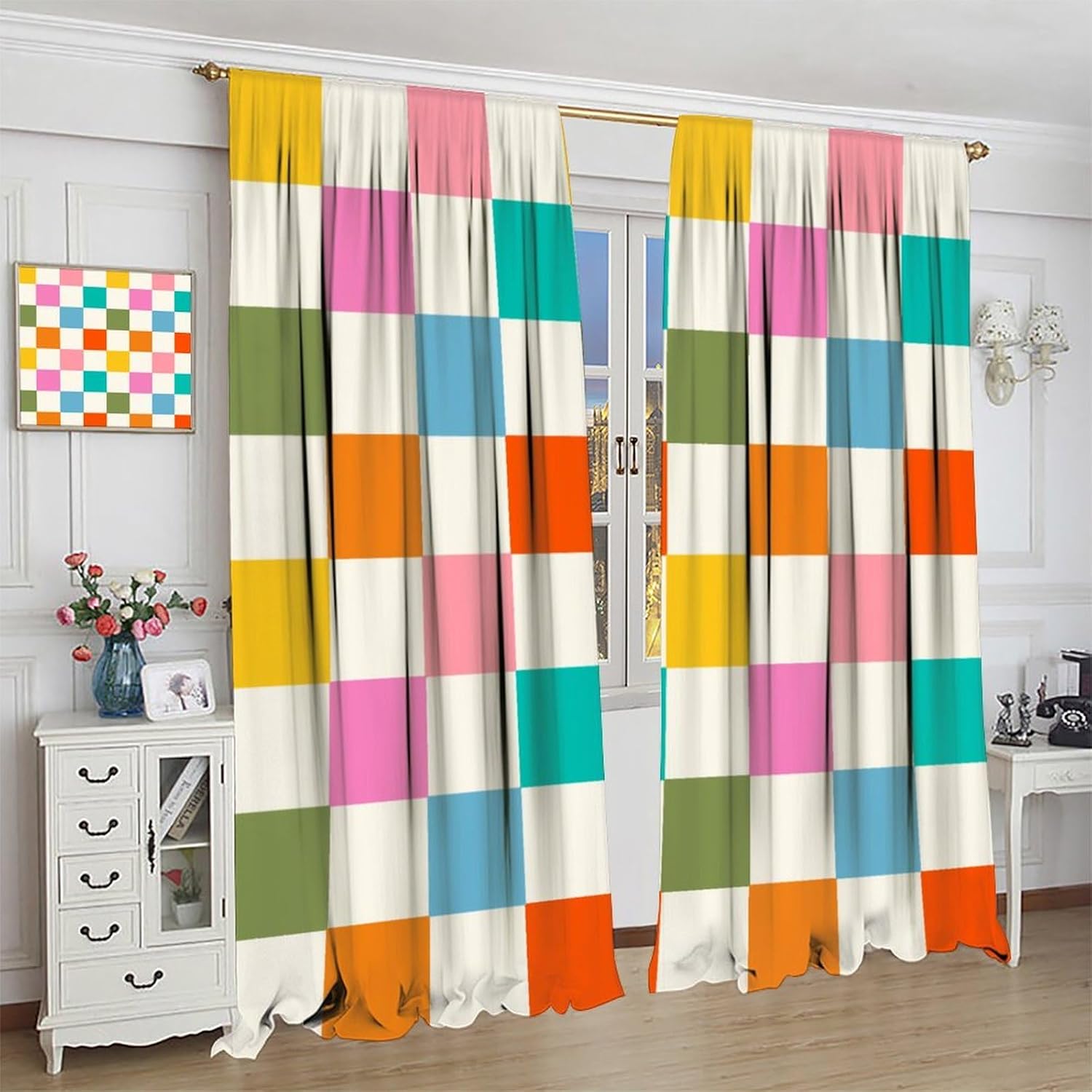 Colorful Plaid Curtains, Abstract Modern Geometric Rainbow Grids Checkered Pattern Blackout Print Rod Pocket Window Drapes for Bedroom Living Room 42x45in