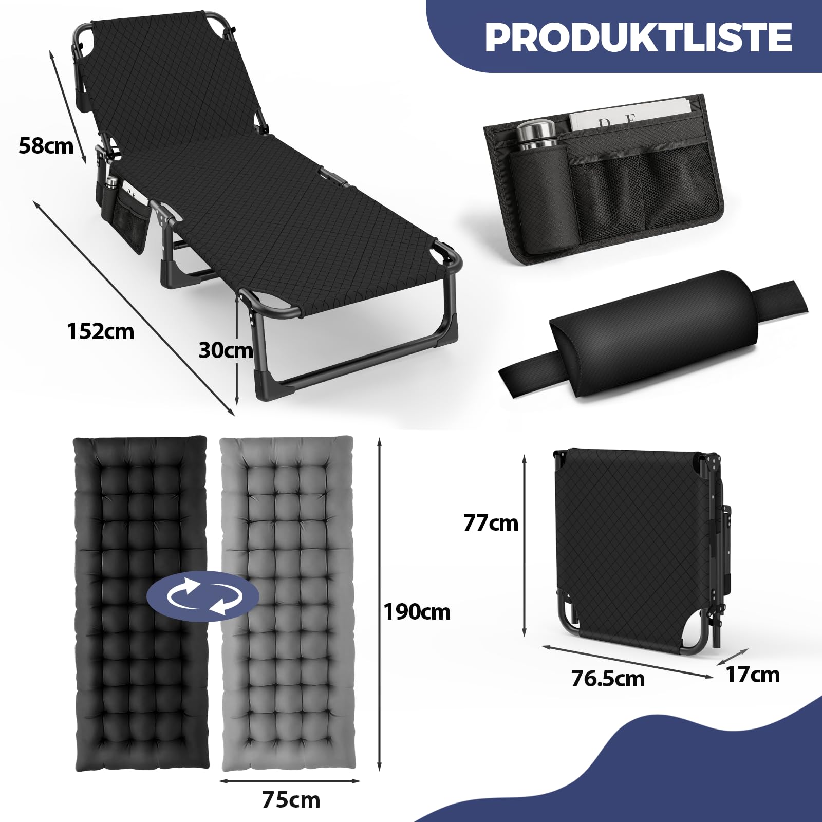Feldbett Klappbar XXL mit Matratze, Ultra Breit Campingbett bis 230kg belastbar aus 1200D Oxford-Gewebe & stabilem Stahlgerüst, Sonnenliege für Camping inkl. Nackenkissen & Seitentasche