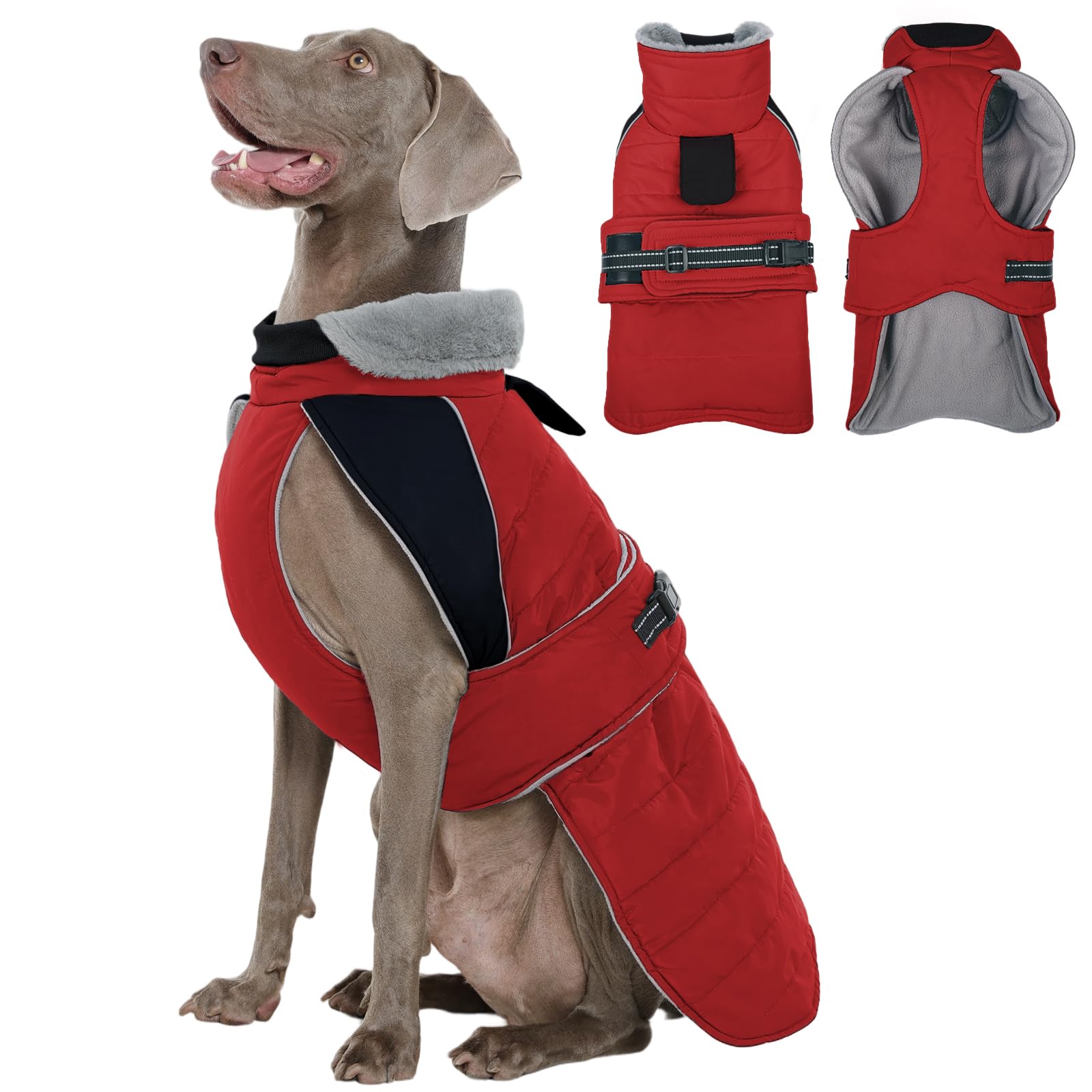 Kuoser Dog Winter Fleece Coat, Adjustable Reflective Dog Coat Warm, Red XL