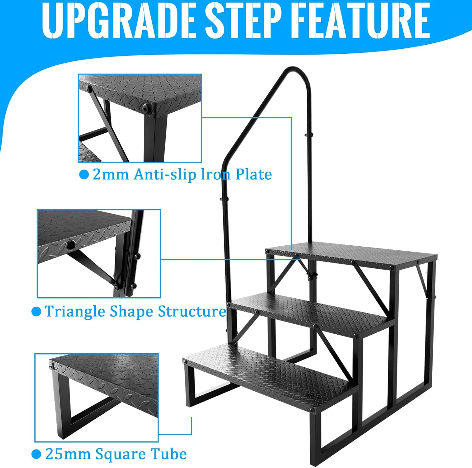 3 Step RV Stairs with Handrail, 660LBS Heavy Duty Anti-Slip Metal Steps, Detachable Outdoor Stairs for Hot Tub/5th Wheel/Pool/Mobile Home