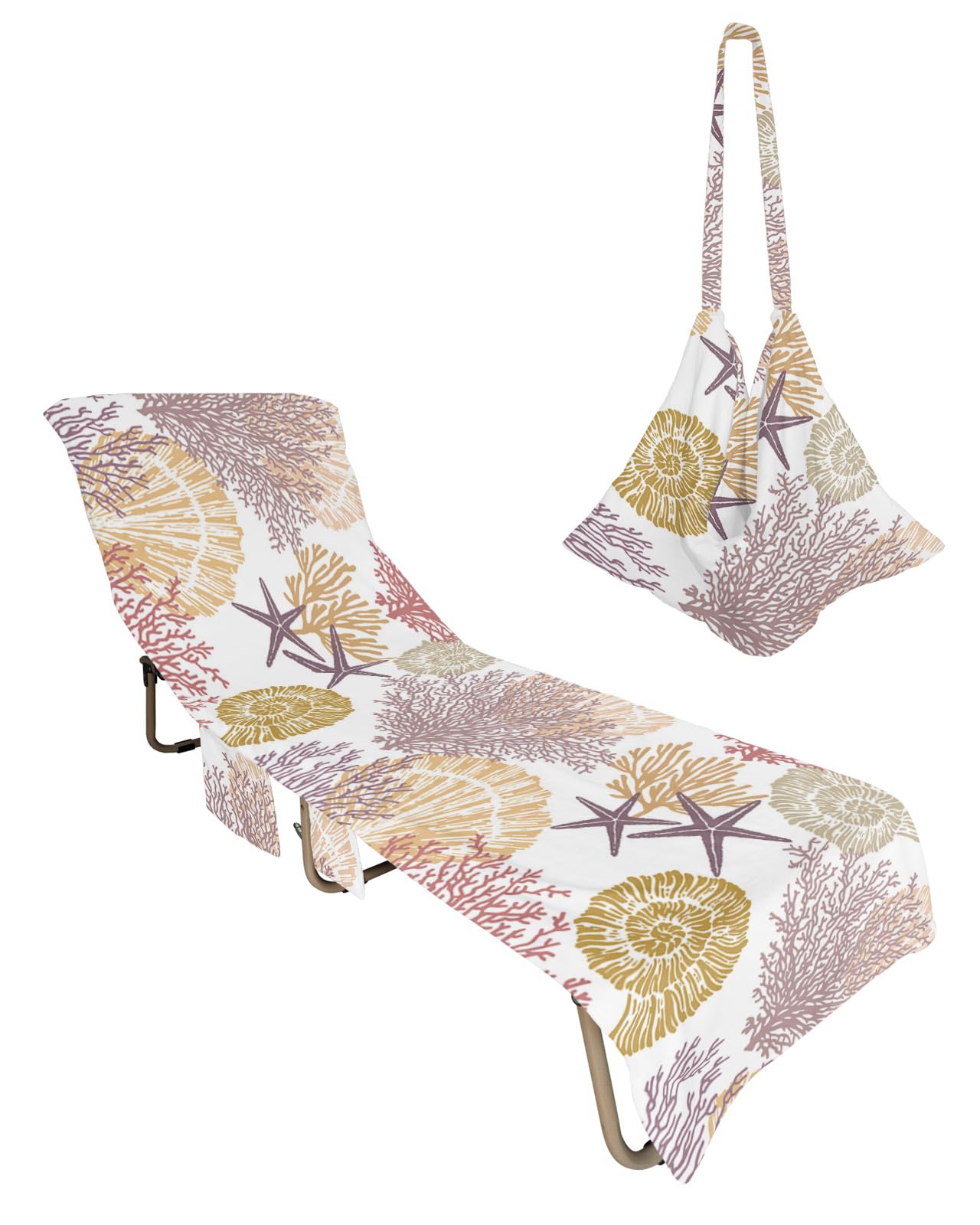 Ocean Starfish Beach Chair Towel Covers for Chaise Lounge with Side Pocket, Soft Plush Pool Towels Cover for Patio Sunbathing Outdoor 29''x85'' Ocean Coral Shells Geometric Sea Texture