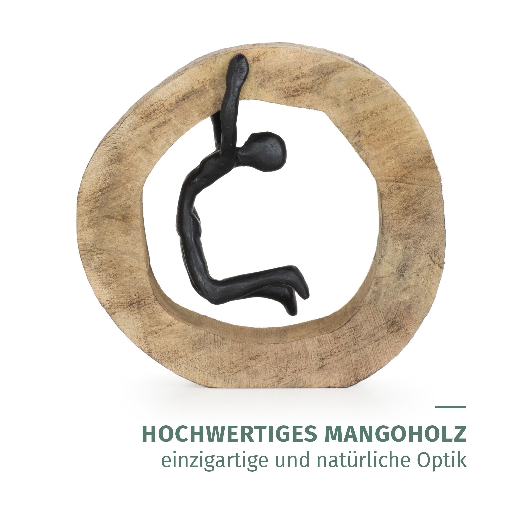 Moritz Keep Going 18,5 cm Schwarz – Mangoholz Dekofigur Skulptur Motivation | Aluminiumfigur auf Naturholzring, Handarbeit und Unikat, Symbol für Willenskraft, edle Geschenkidee fürs Büro