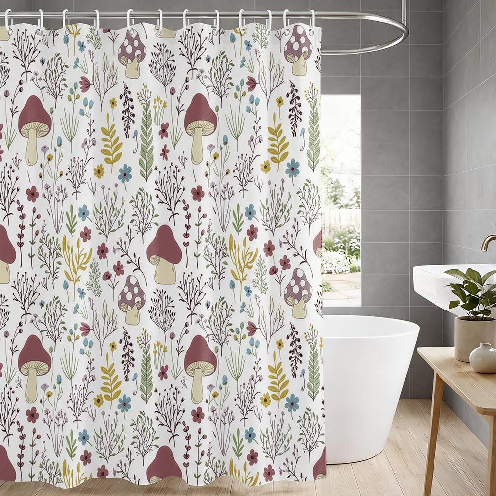 AURISSE Whimsical Mushroom Pattern Shower Curtain, 180 x 180 cm Waterproof & Quick-Dry Polyester Fabric with 12 Hooks, Machine Washable Bathroom Decor (Mushroom 21-3)
