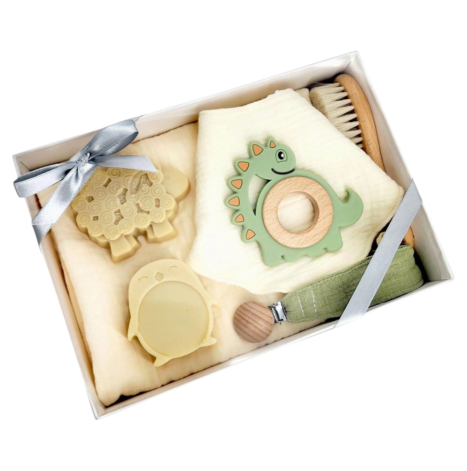 Baby's First Touch 7pc Bath Gift Set: Natural Olive Oil Soap, Muslin Blanket, BPA and Phthalate Free dinosaur