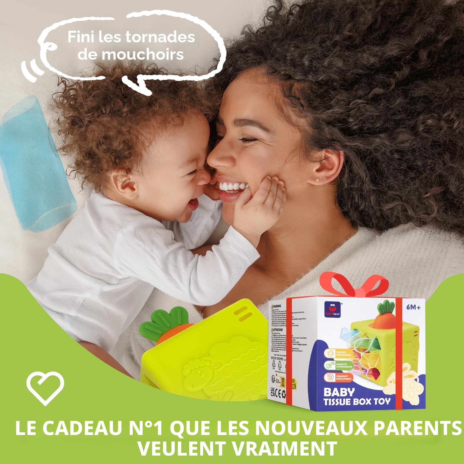 hahaland Jouet Montessori Bebe 6-12 Mois – Boite Mouchoir Bebe – Jouet sensoriel 6 en 1 avec lingettes, Miroir, Anneau de Dentition, Cadeau bébé Fille Garcon 1 an
