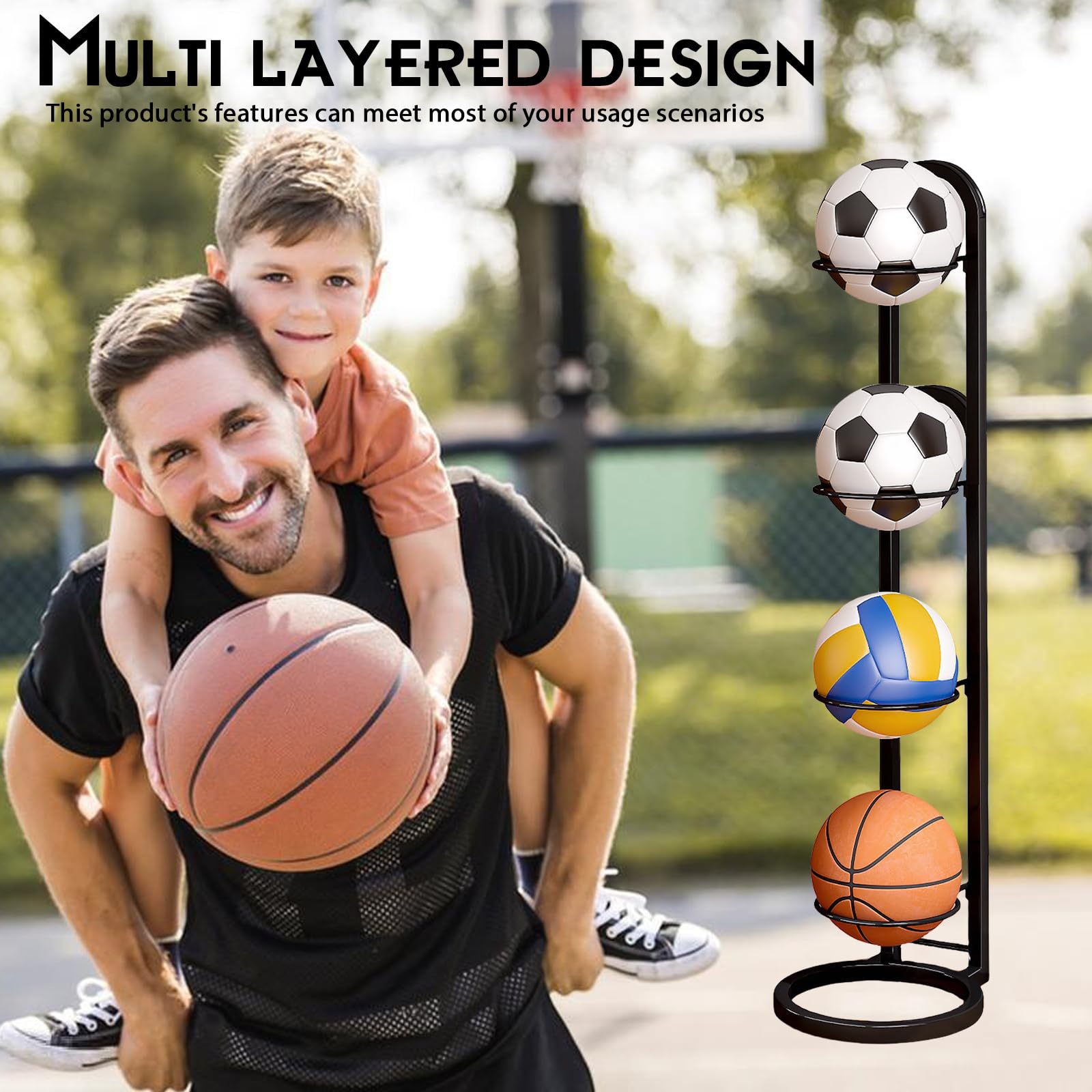 Estantería de 4 niveles para balones, soporte metálico para baloncesto, fútbol y voleibol