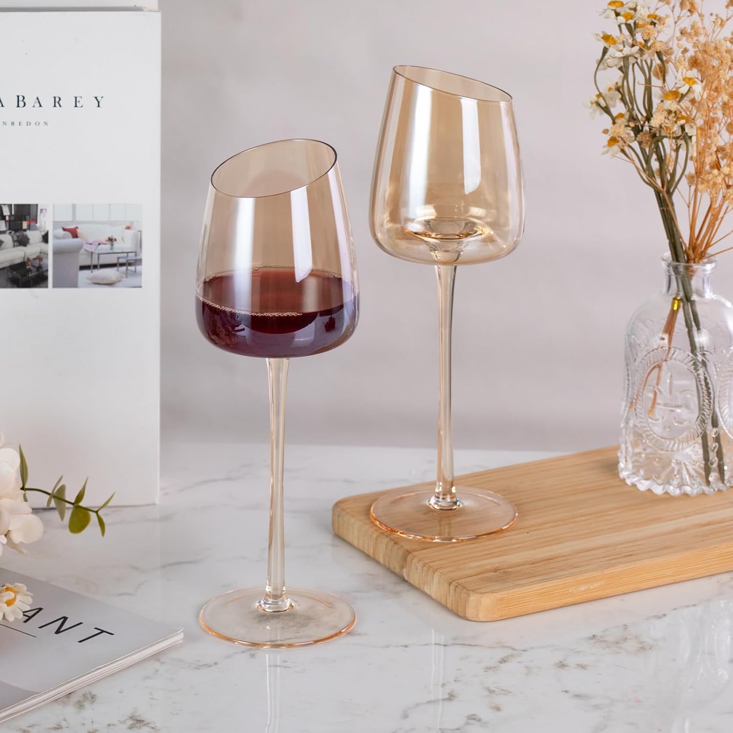 KAMMAK Wine Glasses Set of 2, 9.47 oz Hand Blown Crystal Bordeaux Wine Glasses, Thin Rim & Long Stem, Perfect for Red & White, Daily Use, Wedding or Birthday Gift with Gift Box, XH-H240 Amber