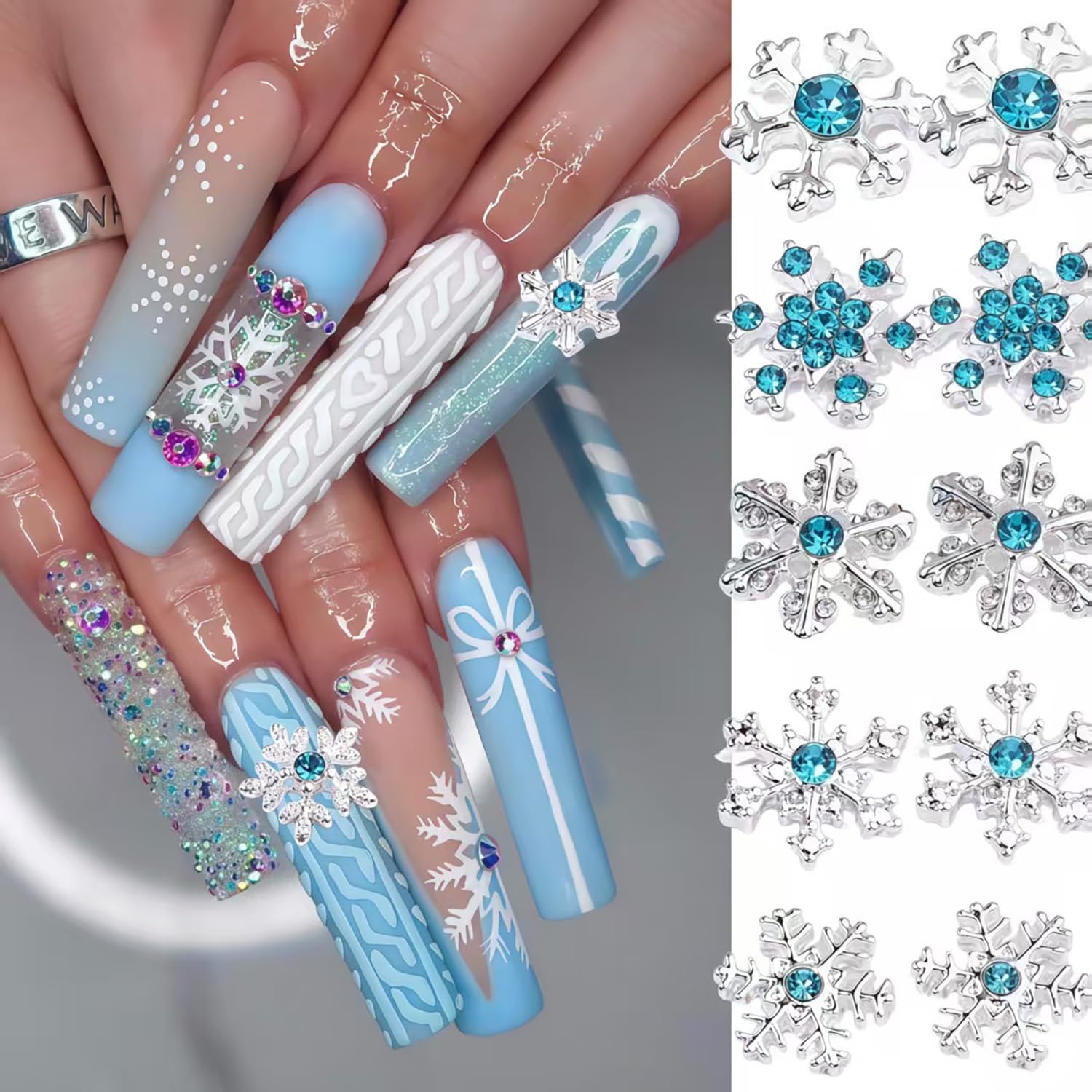 20 ciondoli per unghie a forma di fiocco di neve, argento lucido, blu, inverno, Natale, fiocco di neve, strass, design fiocchi di neve, ciondoli per unghie acriliche, unghie di Natale, gioielli per
