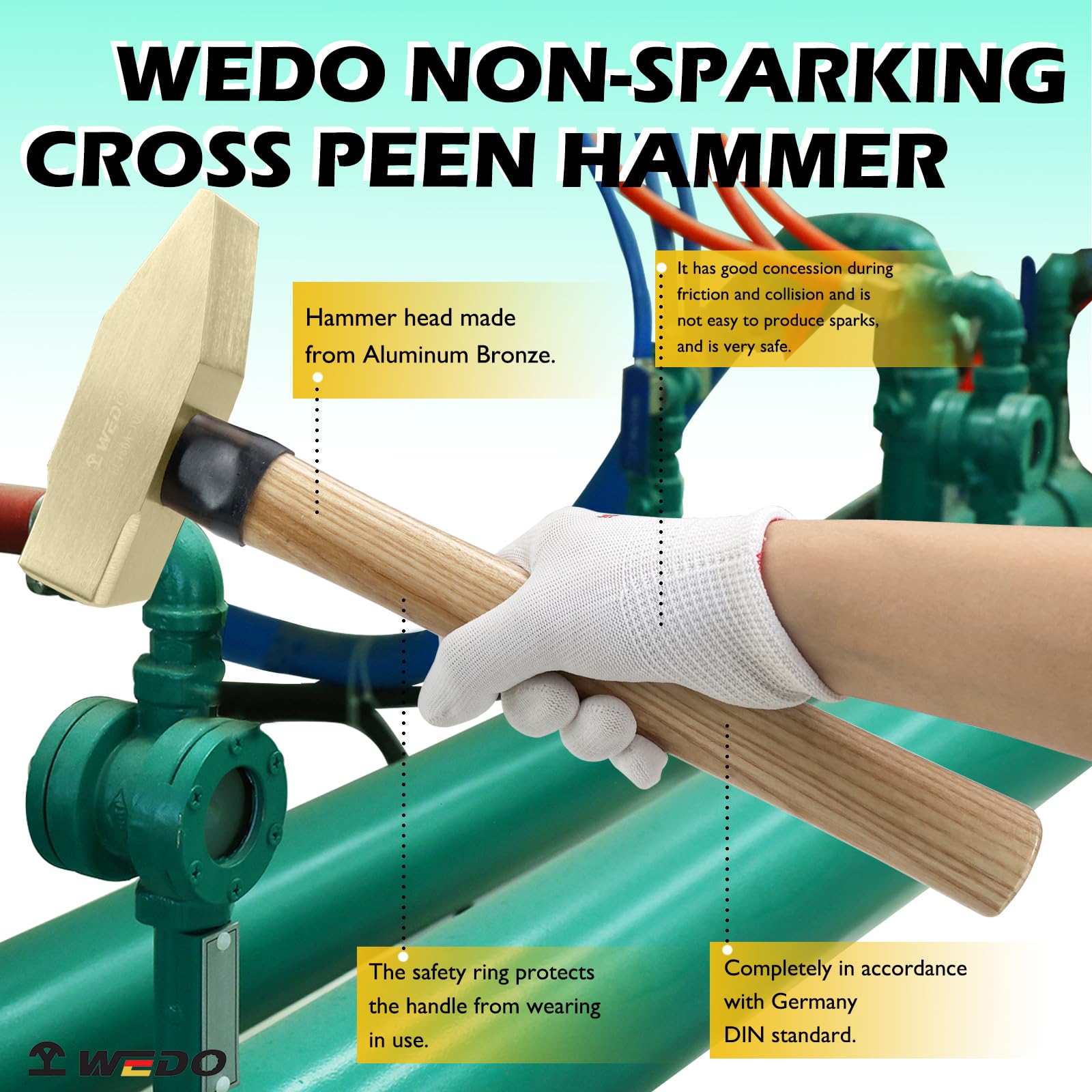 WEDO Schlosserhammer,Nicht funkelnd Ingenieurhammer mit Holzgriff,Kopfgewicht 500g,Länge 310mm,Aluminium Bronze Zimmererhammer,Hämmer für Ingenieure,korrosionsbeständig,BAM/FM-Zertifikat