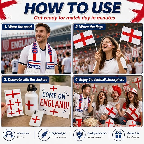 England Fan 5-Piece Set Scarf Flags Tattoos, World Cup 2026 Merchandise, Perfect to Match Your England Football Shirt for Men Women Boys Girls Pub Stadium - 5
