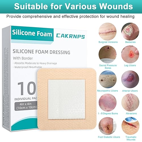 Miniatura 8 de Apósito de espuma de silicona de 4 x 4 pulgadas, vendajes de silicona impermeables para heridas, almohadillas de 5 capas con borde adhesivo para