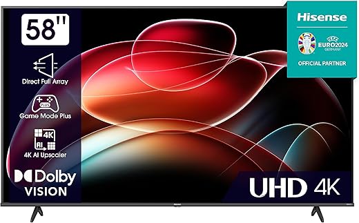 Hisense 58E6KT 146cm (58 Zoll) Fernseher, 4K UHD, Smart TV, HDR, Dolby Vision, Triple Tuner DVB-C/S/ S2/ T/ T2, Frameless, Bluetooth, WiFi, Alexa Built-In, DTS Virtual X, Hotel…