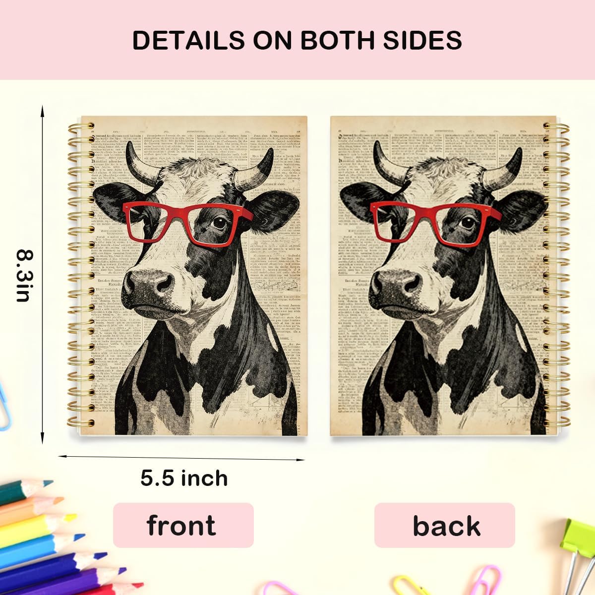 Funny Vintage Cow Spiral Notebook for Women & Teen Girls, Retro Farmhouse Journal with Red Glasses, 5.5x8.3 Inch Lined Notebook for School, Office, Writing & Gifts image 3