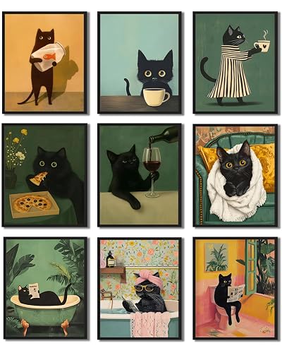 9Pcs Cat Wall Art Decor Funny Black Cats Famous Paintings
