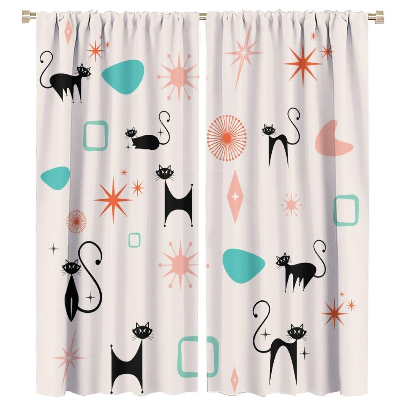 HZOHNAGO Mid Century Black Cat Curtains Abstract Vintage Geometric 1950s 60s Style Blackout Print Rod Pocket Window Drapes for Bedroom Living Room 42x45in