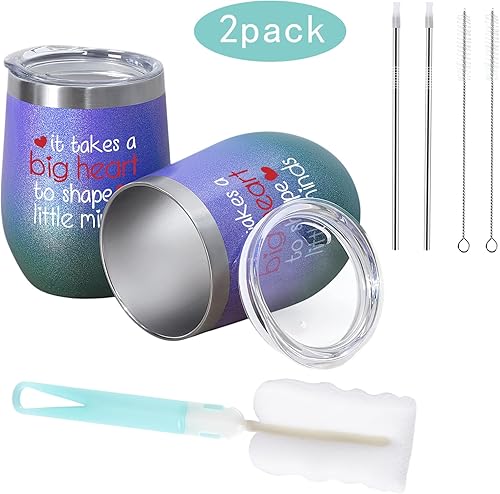 Miniatura 7 de GINGPROUS Paquete de 2 vasos de vino con texto en inglés "It Takes a Big Heart", regalos de cumpleaños y Navidad para profesores y mujeres, vaso de