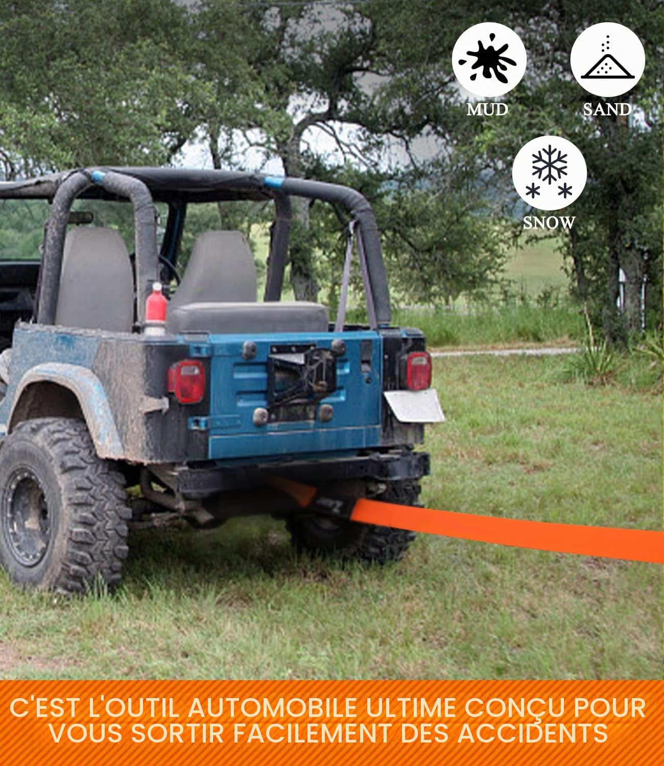 Zawaer Corde de Remorquage d'urgence de Voiture, 10T Sangle Remorquage, avec Manille Haute Résistance, Résistance à la Rupture de 26,455 LBS, Cordede 5m x 5cm avec Sac Rangement,Plus Sûre