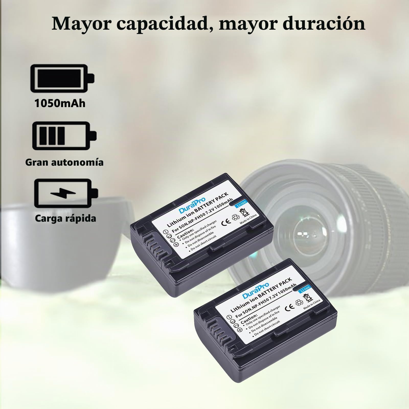 DuraPro 2 baterías NP-FH5 NP FH5 + Cargador de batería USB LCD para Sony NP-FH3, NP-FH4, NP-FH5, NP-FH6, NP-FH7, NP-FH1; Serie H; Sony DCR-SR32, DCR-SR33,DCR-SR35,DCR-SR36,DCR-SR48,DCR-SR52 Cámaras
