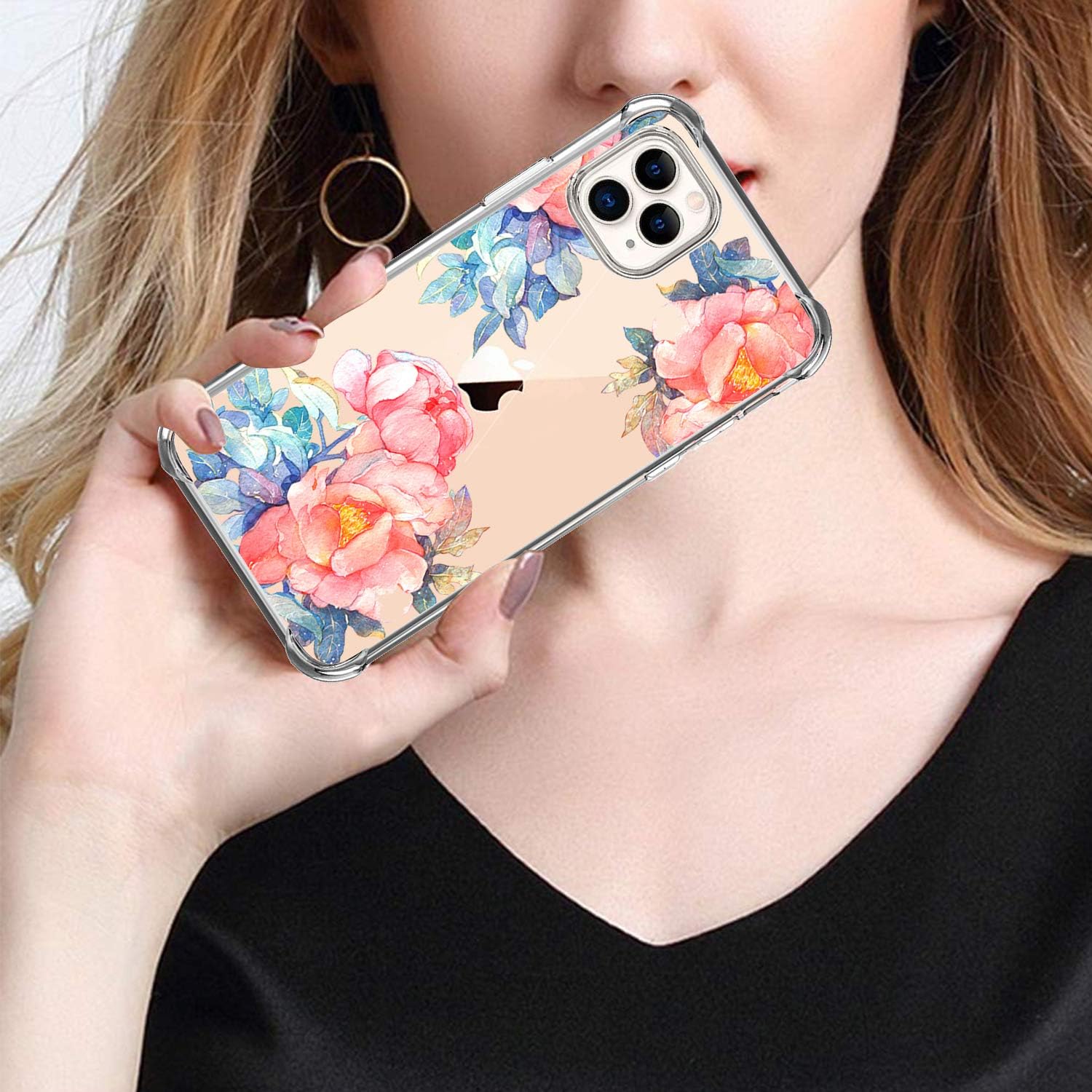 hepix Floral Case Compatible with iPhone 11 Pro Max 6.5 inch, Watercolor Red Peony Flowers Blue Leaves Design Case, Slim Flexible Soft TPU Stylish Raised Lips Anti-Scratch Shockproof Protective Case