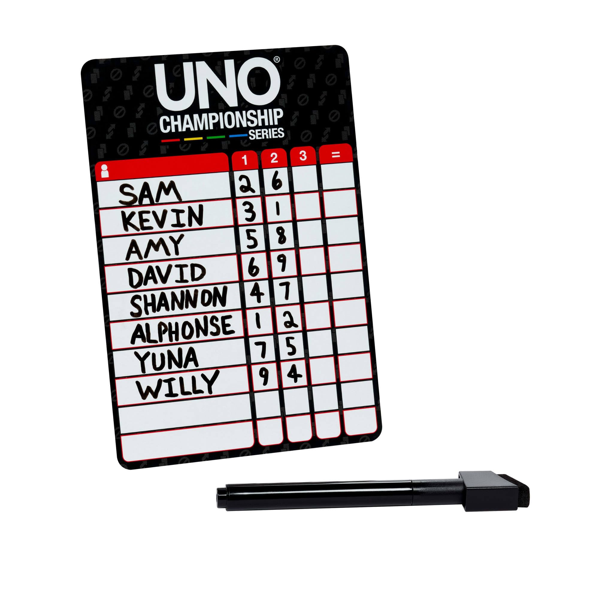 Mattel Games UNO Championship-Reihe Turnier-Set Kartenspiel | Enthält Spiel, Spielstandtafeln, Marker & Trophäe für große Gruppen, Parys, Spielabend, für 6–20 Spieler, ab 7 Jahren, JMY23