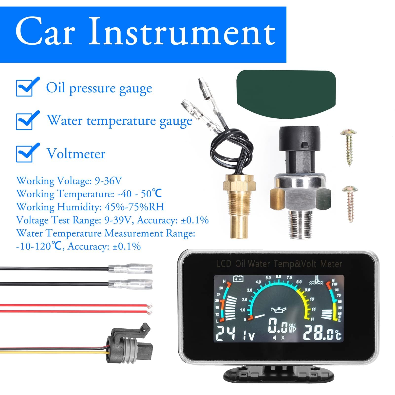 3 su 1 multifunzione auto LCD Digital Display Display Olio Pressione Acqua Temperatura Voltmetro Strumento a scopo universale 9-36 V per auto, camion, o SUV