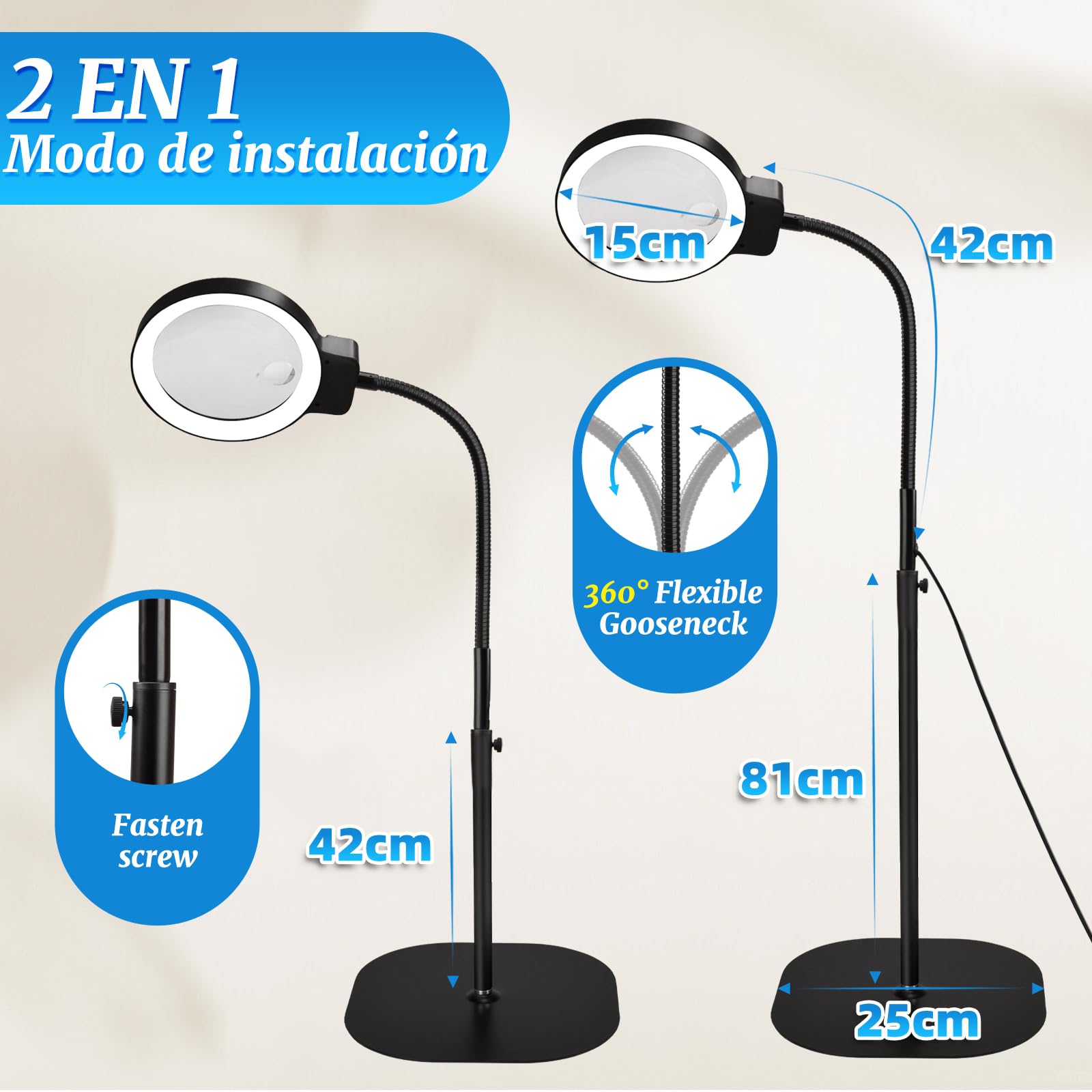 Lupa con Luz 10X/30X Gran Aumento – Lupas de Gran Aumento con Luz con 72 Leds, Brazo Flexible 360°, Base USB, Lupa de Pie para Lectura, Manualidades y Reparación