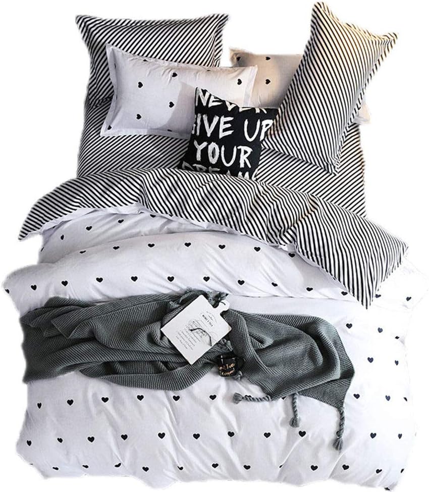 3pcs cartoon Black Grey striped bedding boys girls reversible hidden zipper hearts Duvet cover set Twin (No Comforter)