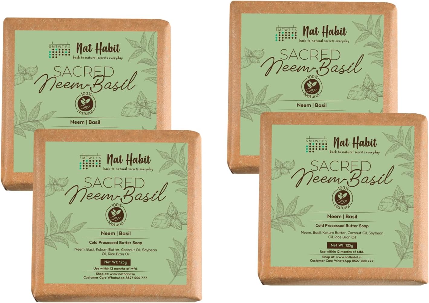 Nat Habit Neem Basil Butter Soap|Cold Processed Ayurvedic Soap with Neem Actives|Antibacterial, Herbal Soaps for Bath|Anti-Inflammatory Handmade Neem Soap Bar|Essential Oils for Body Acne| 125g x 4