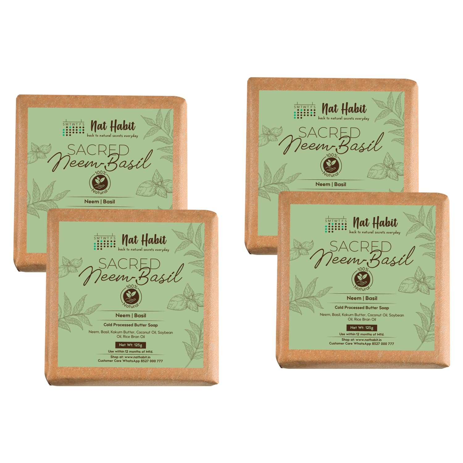 Nat Habit Neem Basil Butter Soap|Cold Processed Ayurvedic Soap with Neem Actives|Antibacterial, Herbal Soaps for Bath|Anti-Inflammatory Handmade Neem Soap Bar|Essential Oils for Body Acne| 125g x 4
