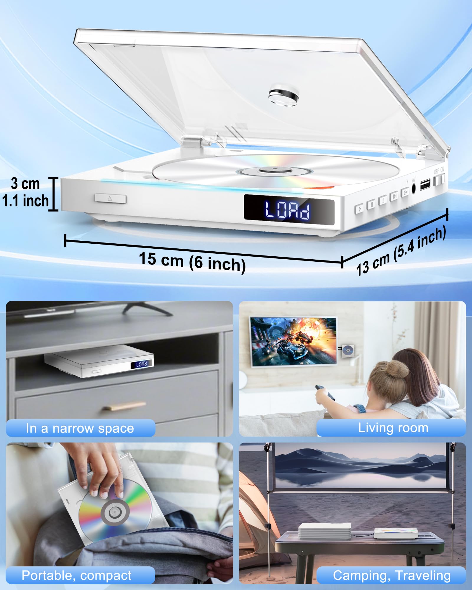 Mini DVD Player für Fernseher HDMI 1080p, Multi-Region Free DVD-Player für TV, Unterstützung von USB, Aux-Ausgang, PAL/NTSC, Fernbedienung, HDMI/RCA-Kabel im Lieferumfang enthalten