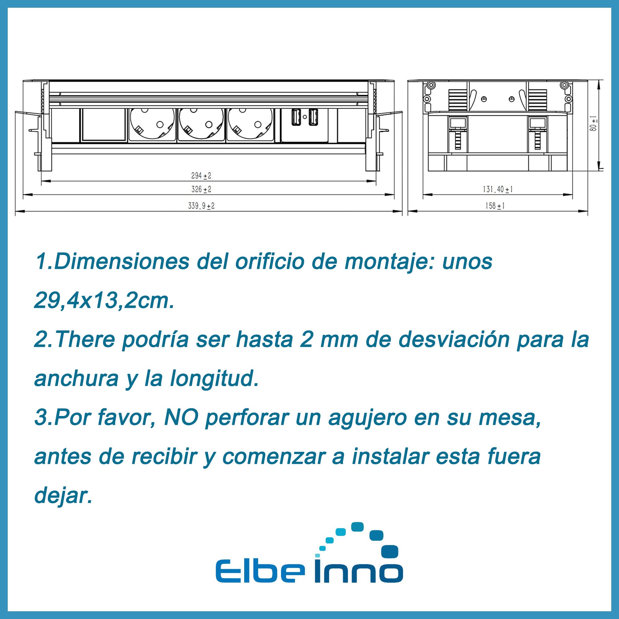 Soporte de escritorio horizontal retráctil, toma múltiple con 3 zócalos alemanes, 2 puertos USB, cable de alimentación de 1,5 m, enchufe alemán, apto para oficinas, salas de reuniones EL4403U