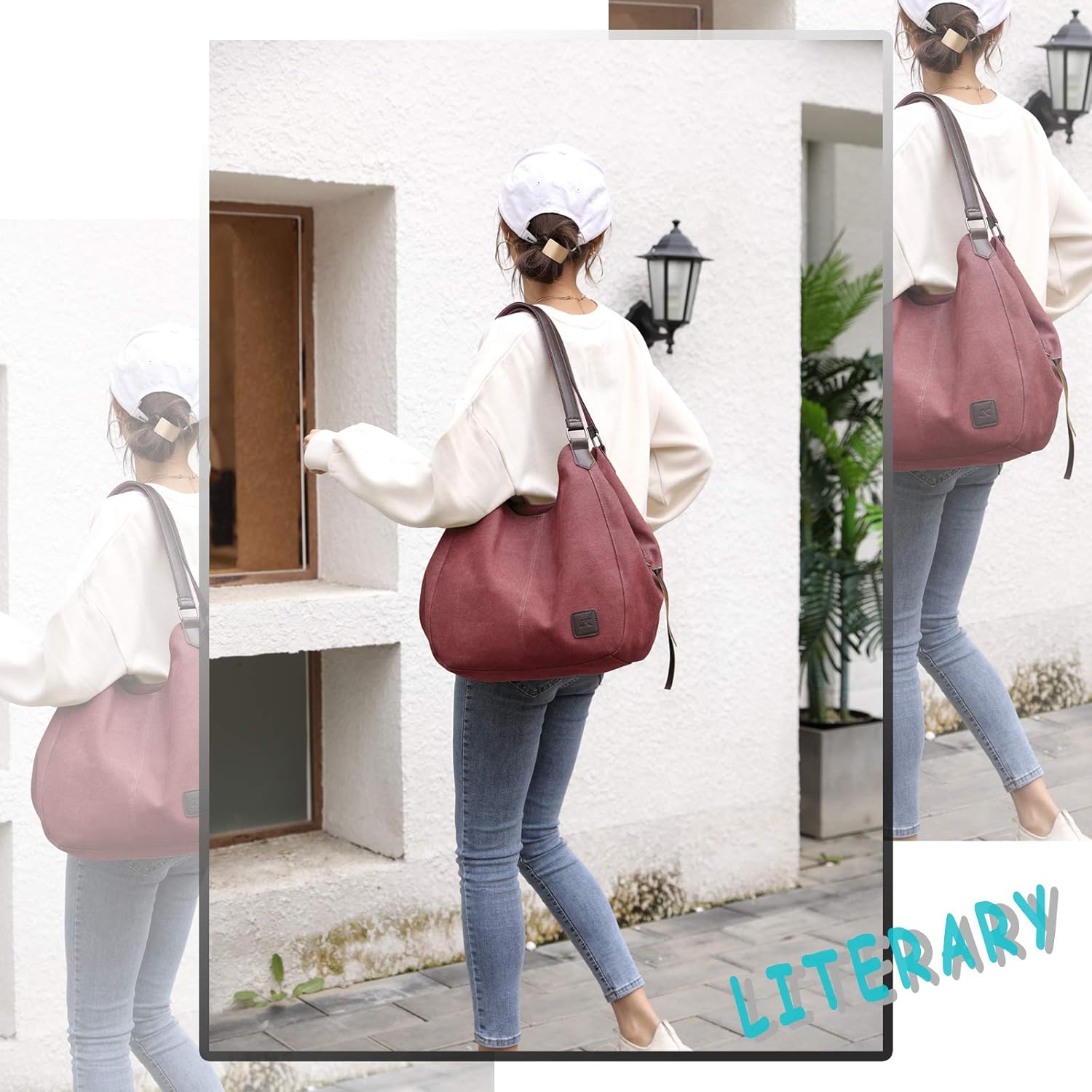 DOURR Women's Multi-pocket Shoulder Bag Fashion Cotton Canvas Handbag Tote Purse - Image 2