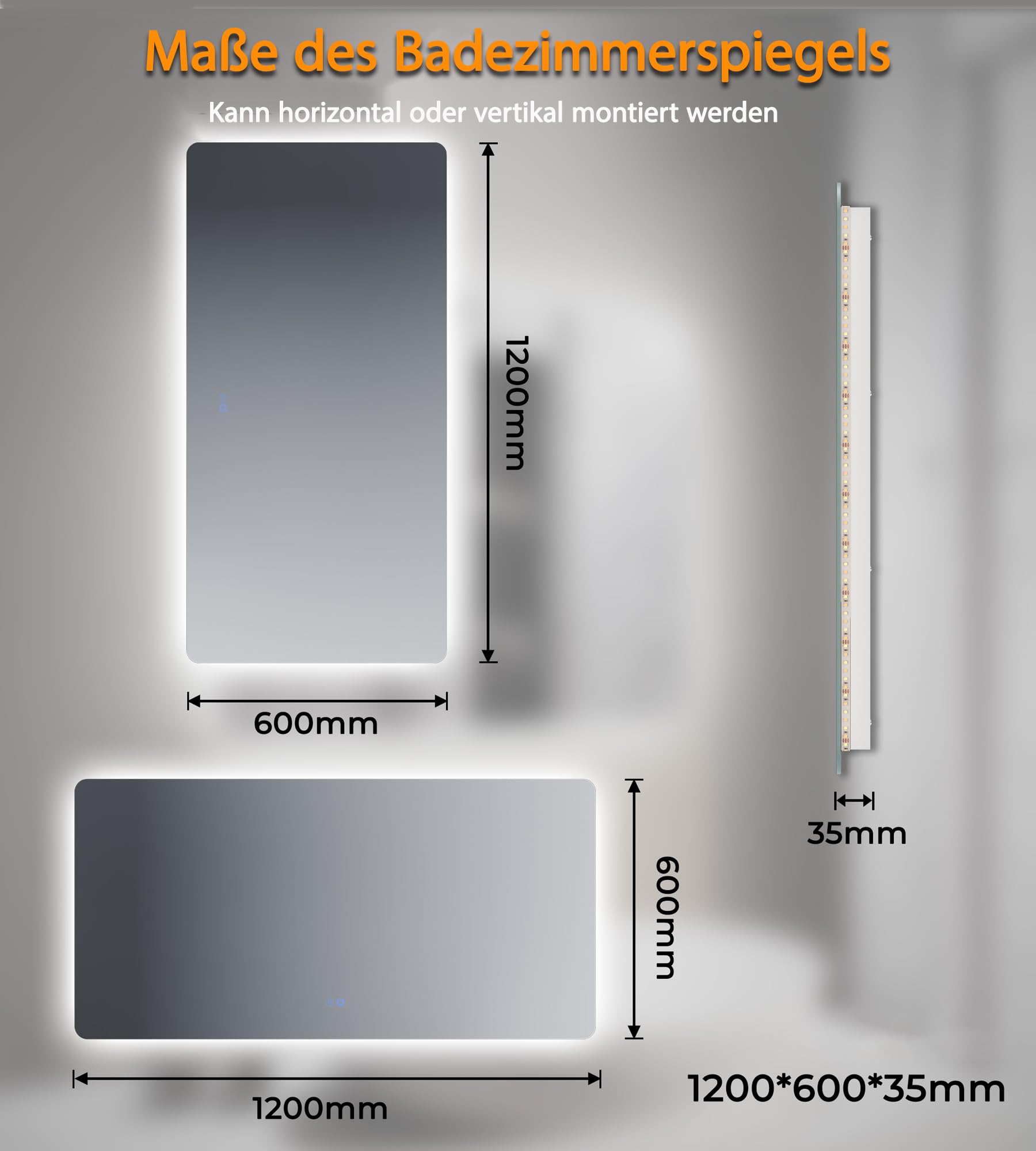 SVNR Espejo de baño con retroiluminación, espejo de maquillaje LED montado en la pared con cristal sin cobre de 4 mm, marco de aluminio, control táctil doble, 3000 K-6400 K, espejo inteligente LED