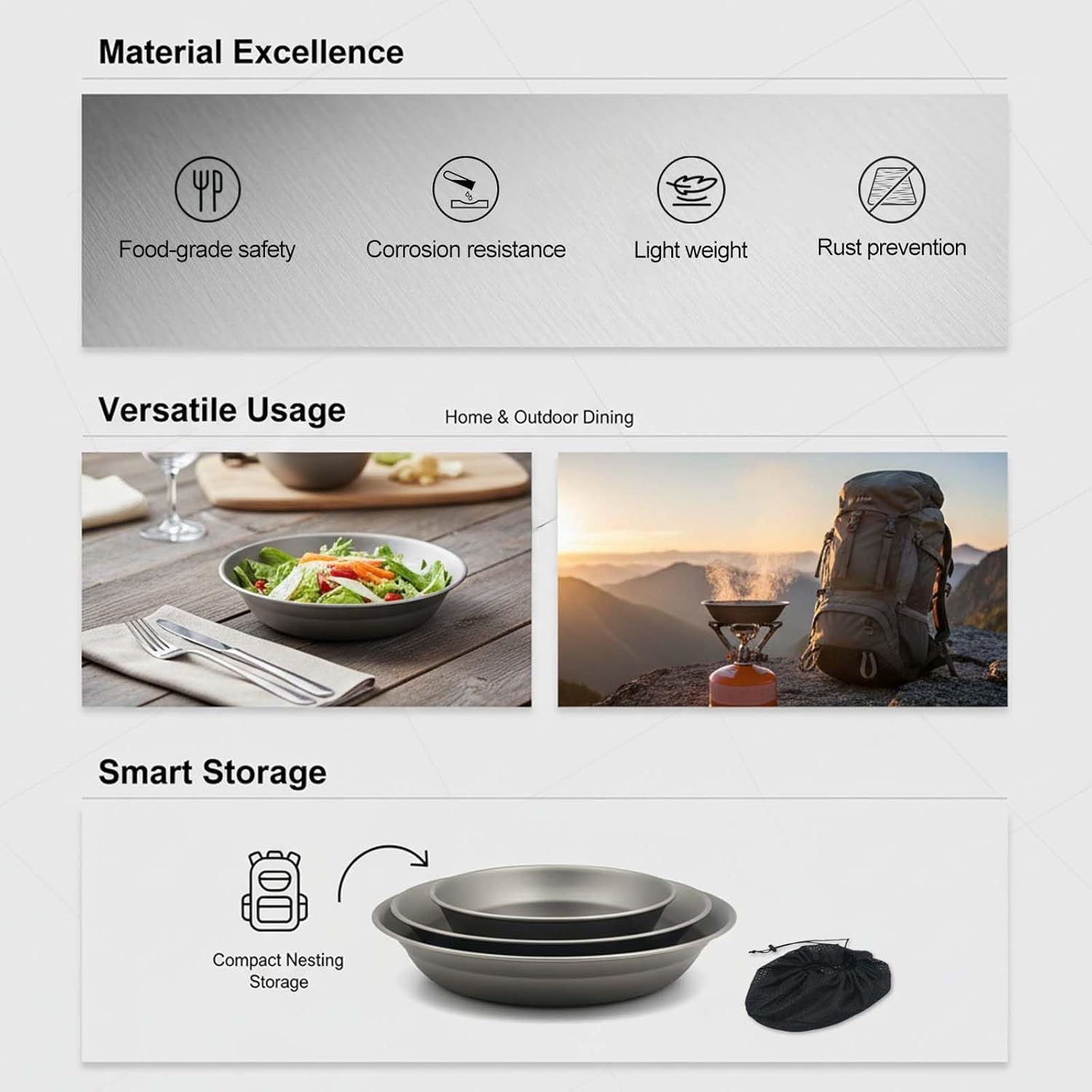 Pure Titanium Camping Plate 7.28 inch,Outdoor Ultralight and Compact Dinner Plate for Backpacking, Camping,Hiking Kitchen,Pure Titanium Tableware(25.4oz)