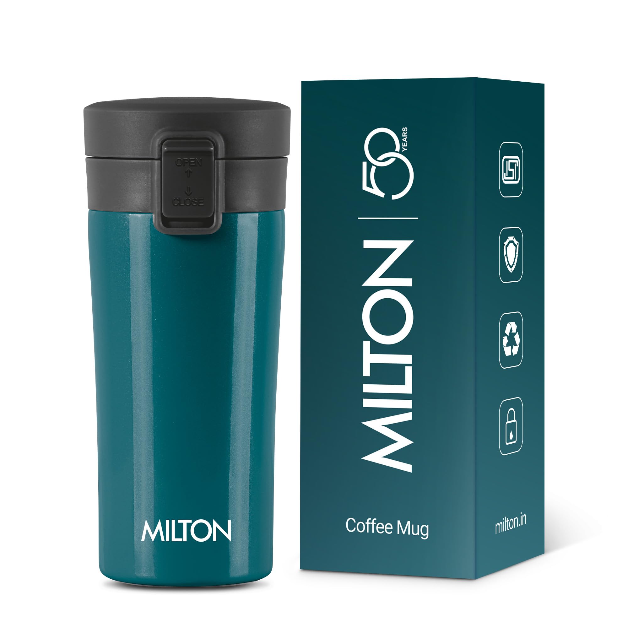 MILTON Thermosteel Vacuum Insulated Stainless Steel Coffee Mug Travel with Strainer, ISI Certified, Hot & Cold, Anti Skid Bottom, Spill Proof and Rustproof, 350 ml, Teal Blue