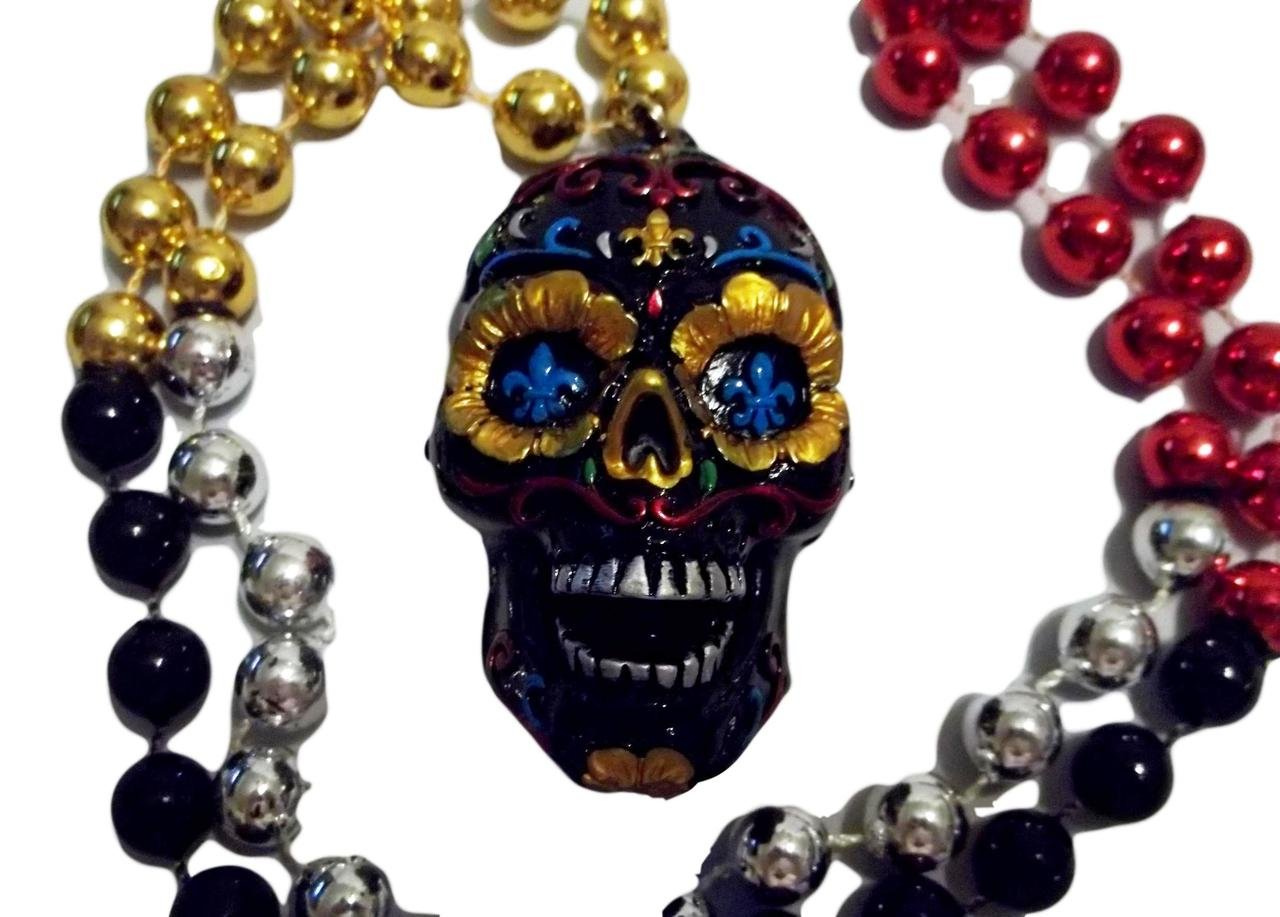 Black Sugar Skull Day of The Dead Mardi Gras Beads Party Favor Necklace