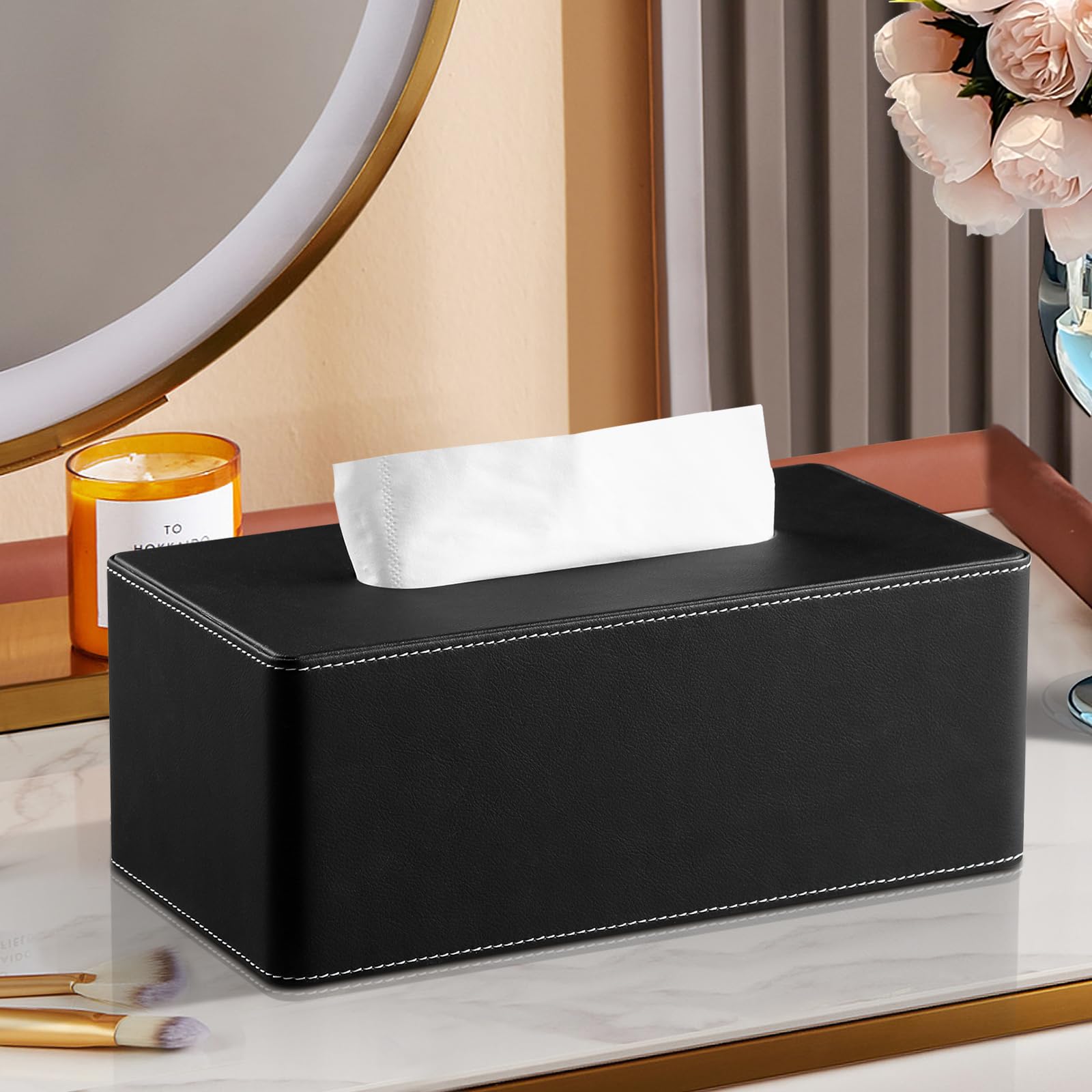 NICLNGSH PU Leather Tissue Box Cover with Magnetic Closure, Rectangular Tissue Box Holder for Bathroom Living Room Restaurant Office (Black)
