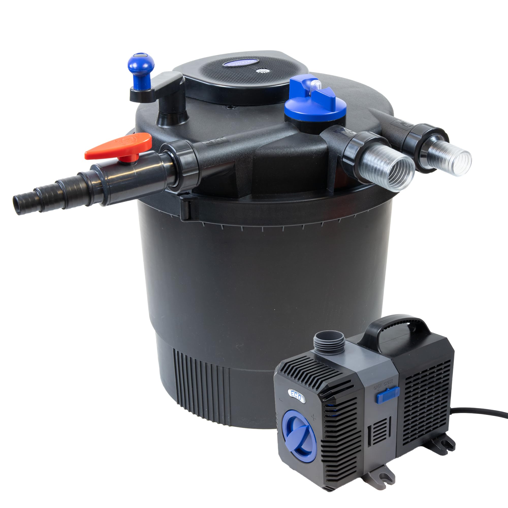 Pondlife Teich Filteranlage Set 6, Druckfilter CPF-20000 mit UVC Klärer für Teiche bis 40.000 Liter, 12.000L/h Durchfluss, energieeffiziente Pumpe CTP-12000 inkl. 10m Schlauch