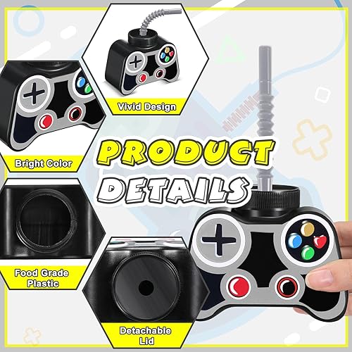Miniatura 10 de Mifoci 12 vasos de plástico para videojuegos con popote y tapa, tazas de fiesta de cumpleaños de 10 onzas para jugadores, tazas de videojuegos,