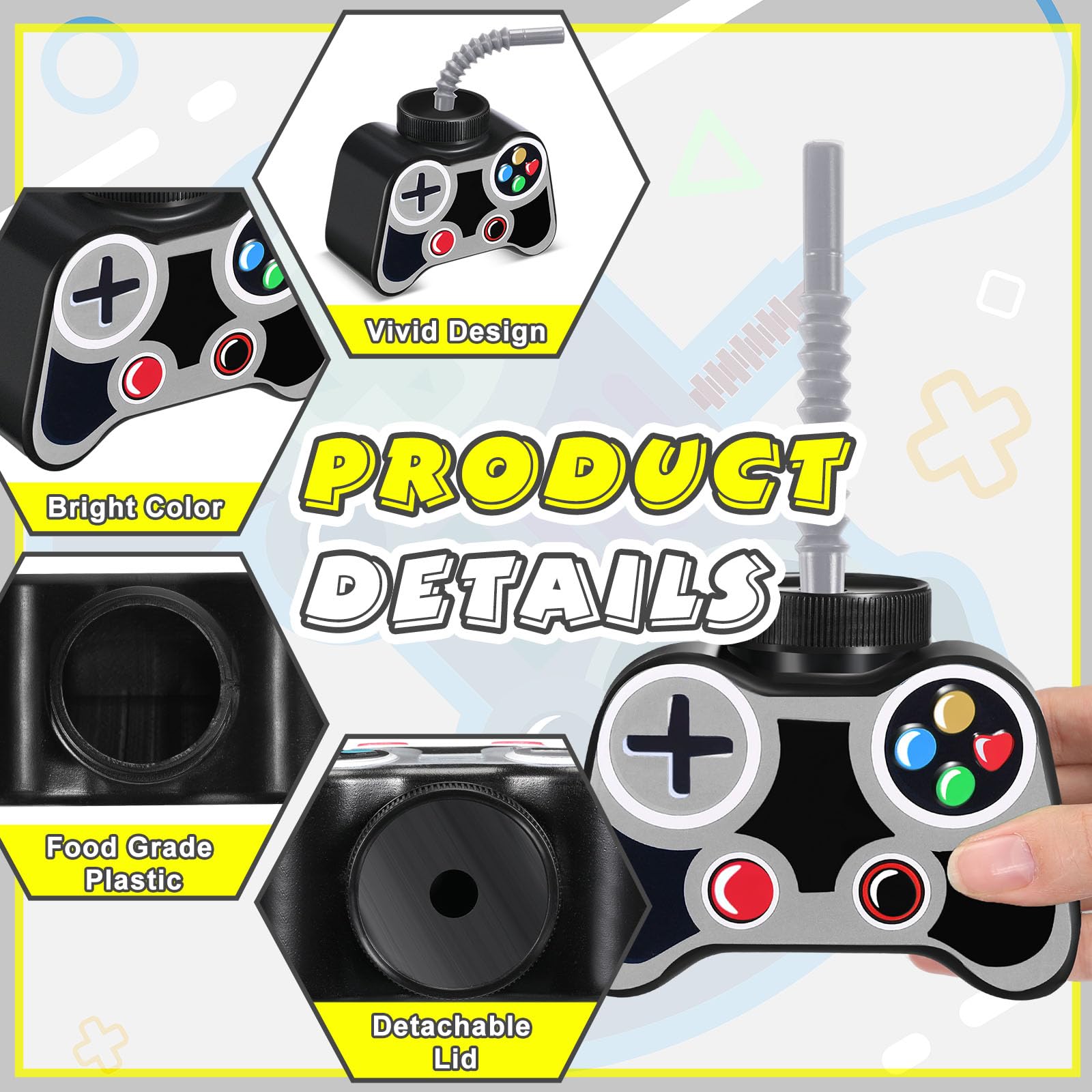 Mifoci 24 vasos de plástico para videojuegos con popote y tapa de 10 onzas, vasos temáticos de cumpleaños para jugadores de 7º videojuegos, regalos de fiesta para niños pequeños, fiesta de cumpleaños