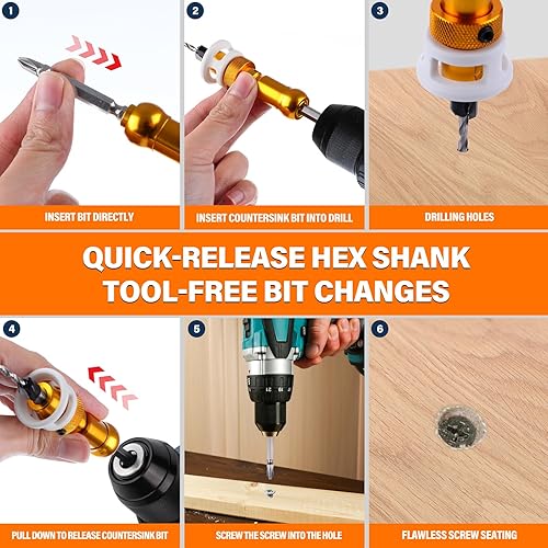 Miniatura 6 de Juego de brocas avellanadoras con tope de profundidad (18 pulgadas, 964 pulgadas, 532 pulgadas, 38 pulgadas, 12 pulgadas), taladro avellanador de