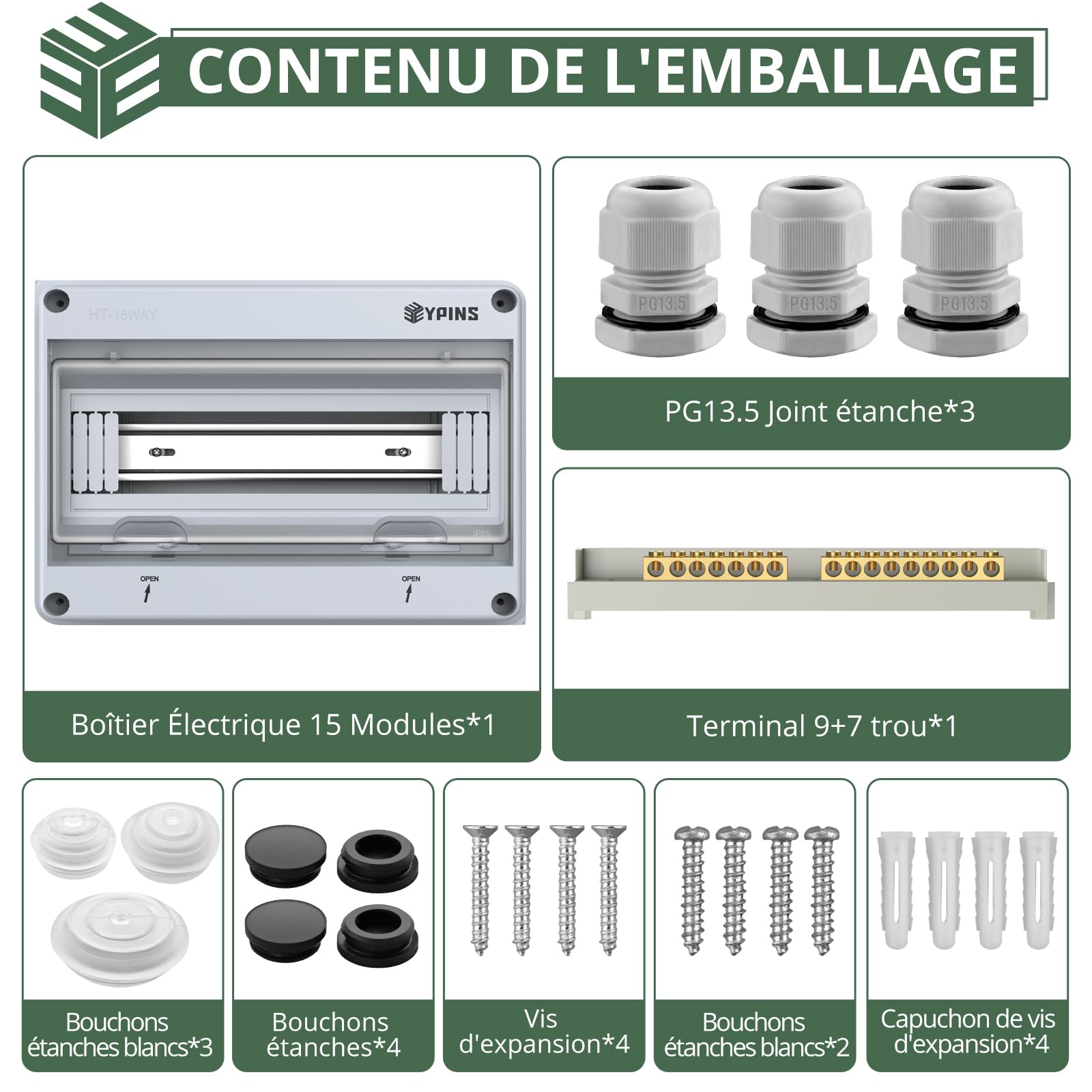 EYPINS Boîte de Distribution en Saillie Petit Répartiteur 1 Rangée 15 Modules IP65 Pour Pièces Humides Montage en Saillie Avec Pinces en Laiton Pour Jardin ou Extérieur