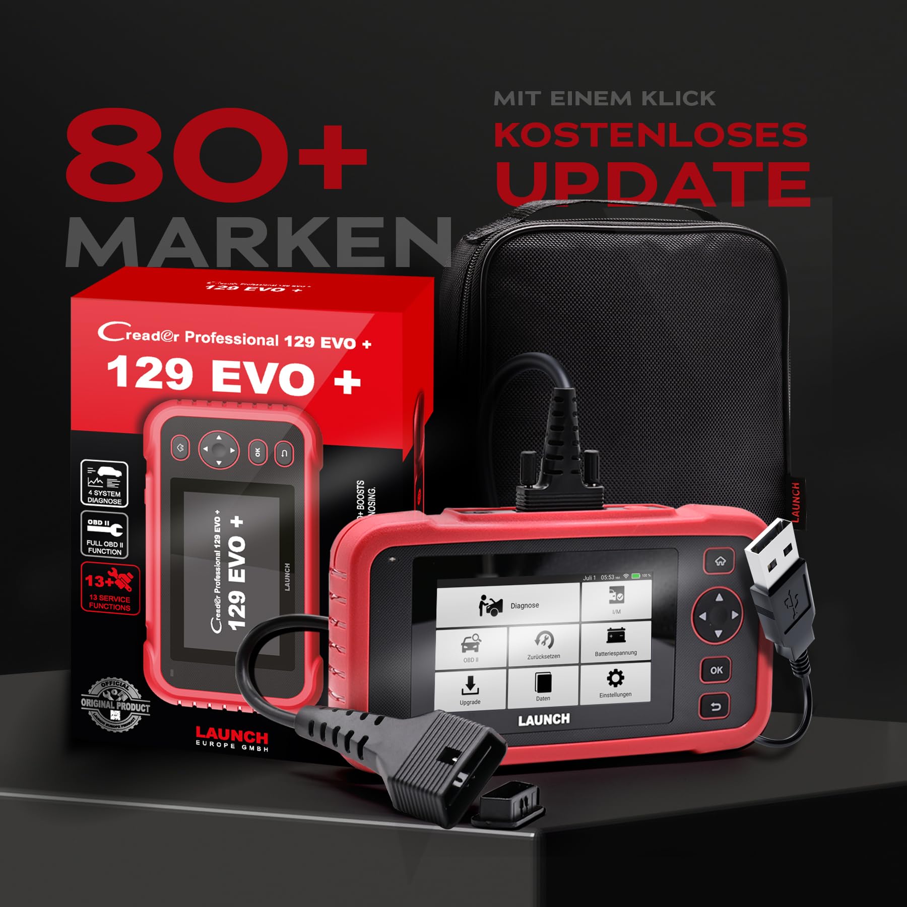 LAUNCH CRP 129 EVO+ V3 OBD2 Diagnosegerät für PKW, 4-Systeme, 13 Services | Live-Daten, Auto VIN, Berichte, CAN FD/DoIP-Protokolle, BST-360/i-TPMS & Feedback