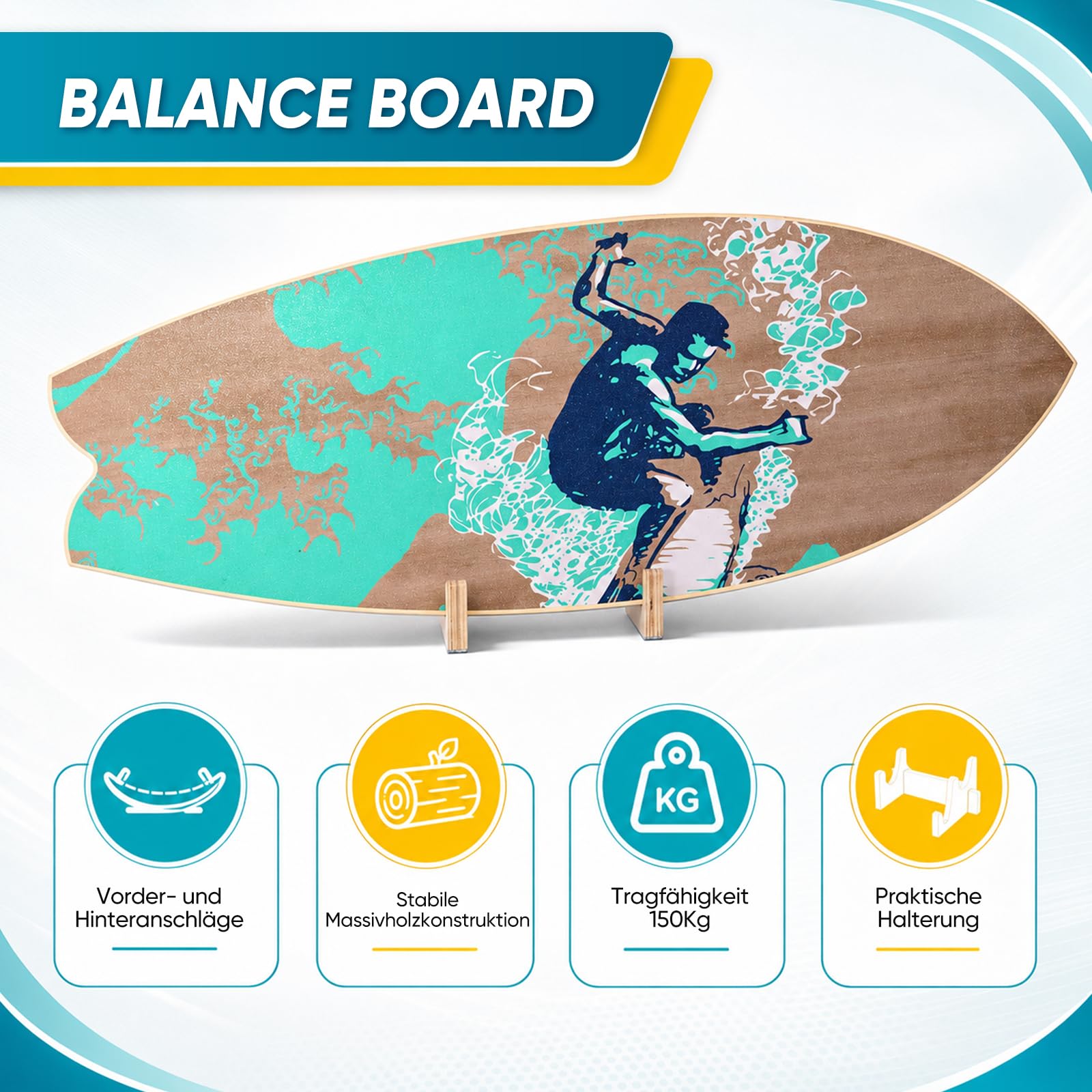 Balance Board 75x28cm 15mm Dickes, Tragfähigkeit 150Kg Holz Balanceboard Erwachsene Kinder mit Rolle & Stand, Core Training Gleichgewichtsboard für Surf, Skate, Yoga & Fitness