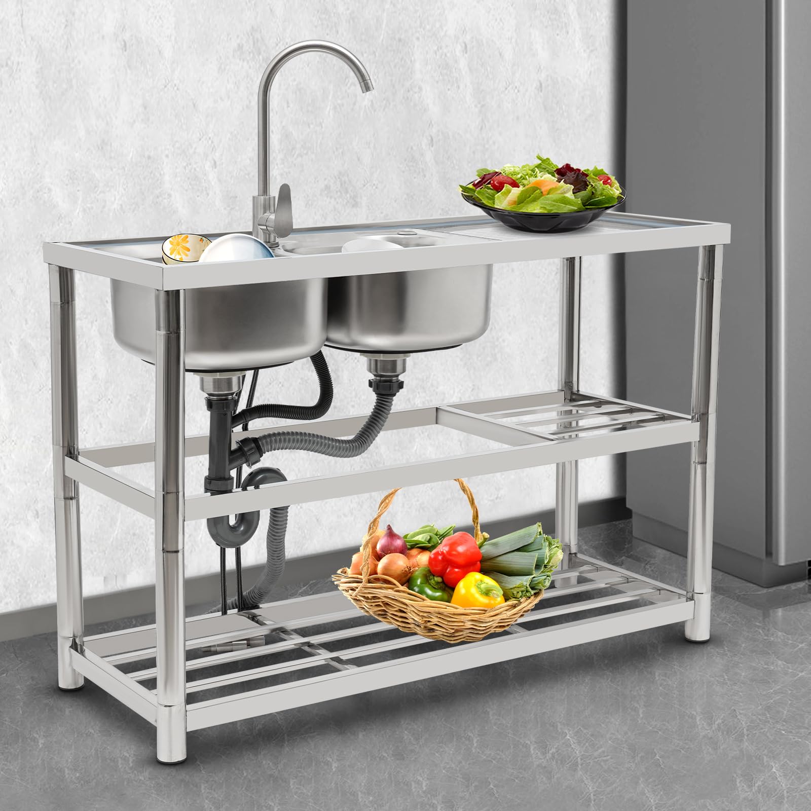 Freistehende Edelstahl Spültisch küchenspüle Spülenschrank mit Spüle und 360° Armatur Gewerbliche Spülbecken Komplettspüle Kalt und Heiß mit 100kg Tragkraft Küche, Wäsche, Garage 120*45*80cm