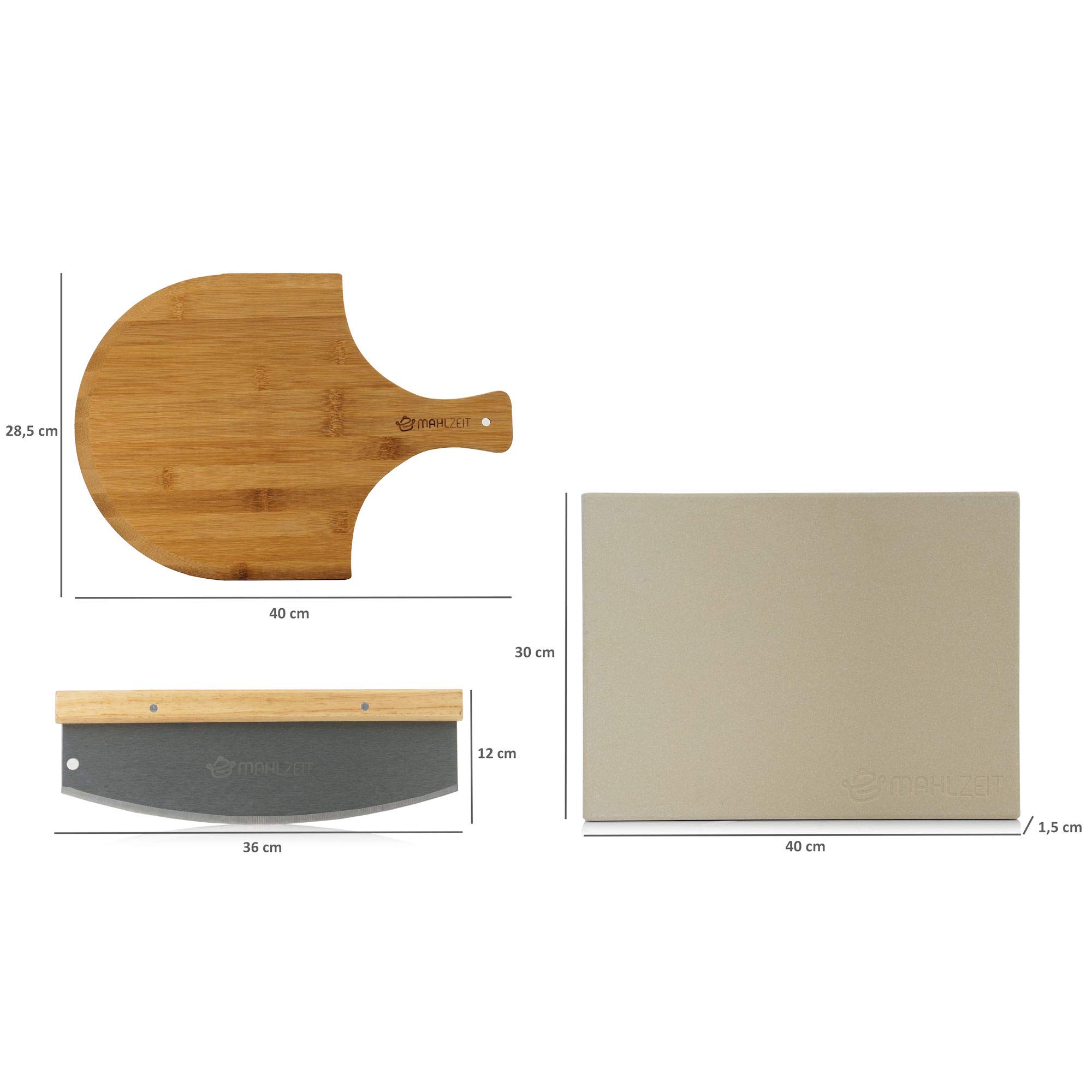 Mahlzeit Juego de Accesorios para Pizza I 3 Piezas I 40 x 30 cm I Con Piedra para Pizza, Pala y Cortador I Para Horno y Parrilla
