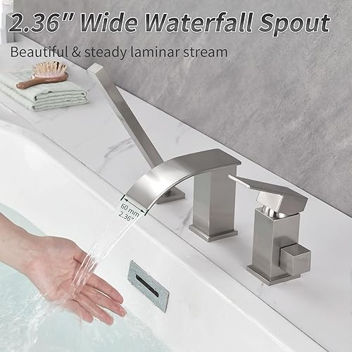 Miniatura 12 de TapLong Grifo de llenado de bañera en cascada con ducha de mano, juego de grifo de bañera romano generalizado, montaje en cubierta, 3 agujeros, Oro