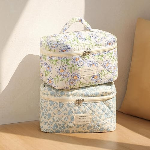 Miniatura 6 de uekeboag Bolsa de maquillaje acolchada de viaje grande para mujer, bolsa de cosméticos de algodón floral, bolsa organizadora de artículos de tocador