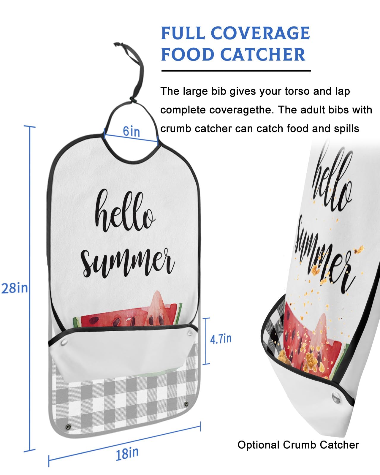 LEOKOTI Summer Watermelon Adult Bibs for Eating, Waterproof Bibs with Food Catcher & Adjustable Snap Closure, Black White Plaid Farmhouse Washable Clothing Protectors Adult Bibs for Elderly Women/Men